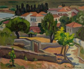 Skopelos, Houses, Trees — Oil painting, Canvas, 38.00×46.00cm — Theodoros Markellos